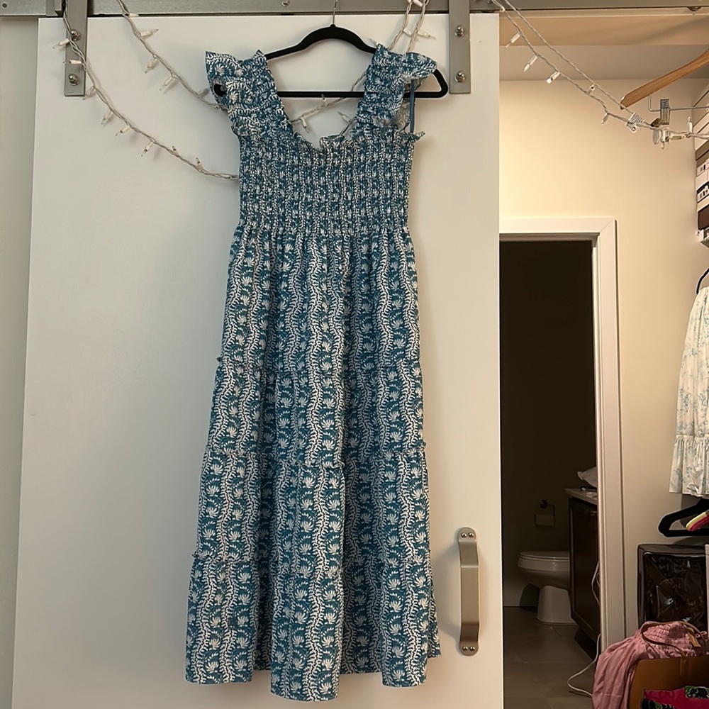 Hill House The Ellie Nap Dress midi in Blue Trailing Vine Crepe Small S